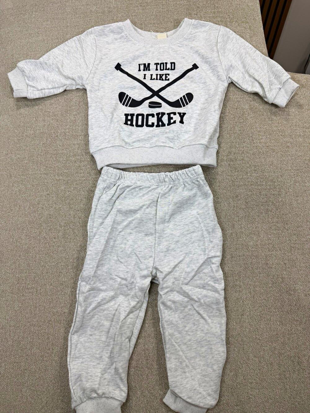 SunoZee 18-24M Gray 2pc Outfit Set Sweatshirt & Pants "I Like Hockey"